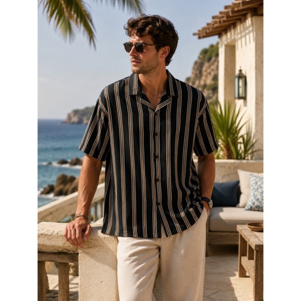 Steve's Jeans Retro Striped Short Sleeve Shirt Men 2X Black Boxy Fit Coastal NWT